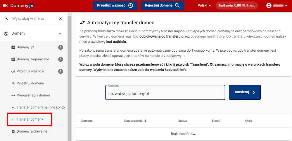 Transfer domeny w panelu administracyjnym Domeny.tv